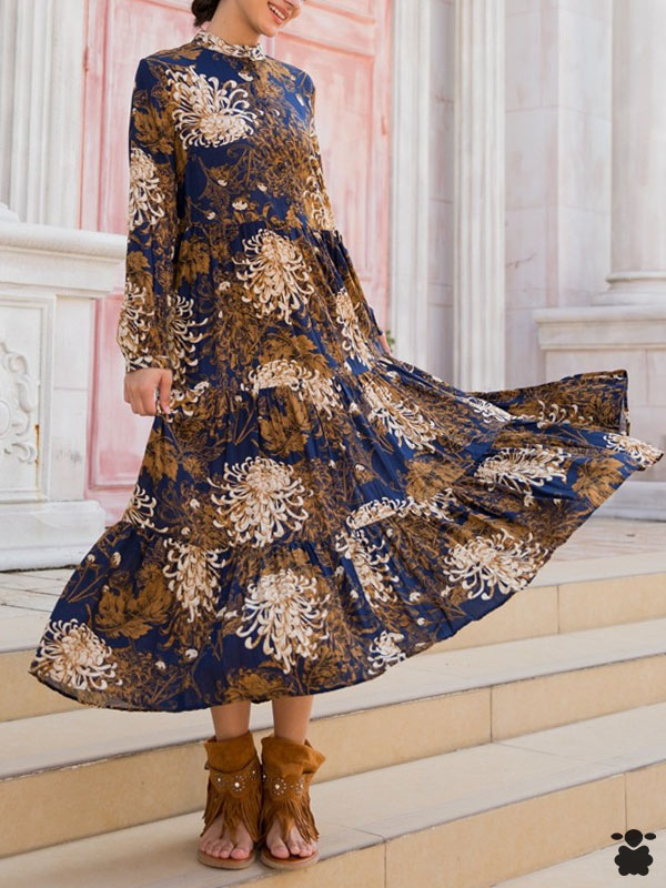 Vestido boho azul y marrón flores