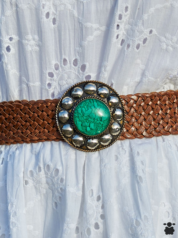cinturón de cuero marrón artesanal hebilla verde