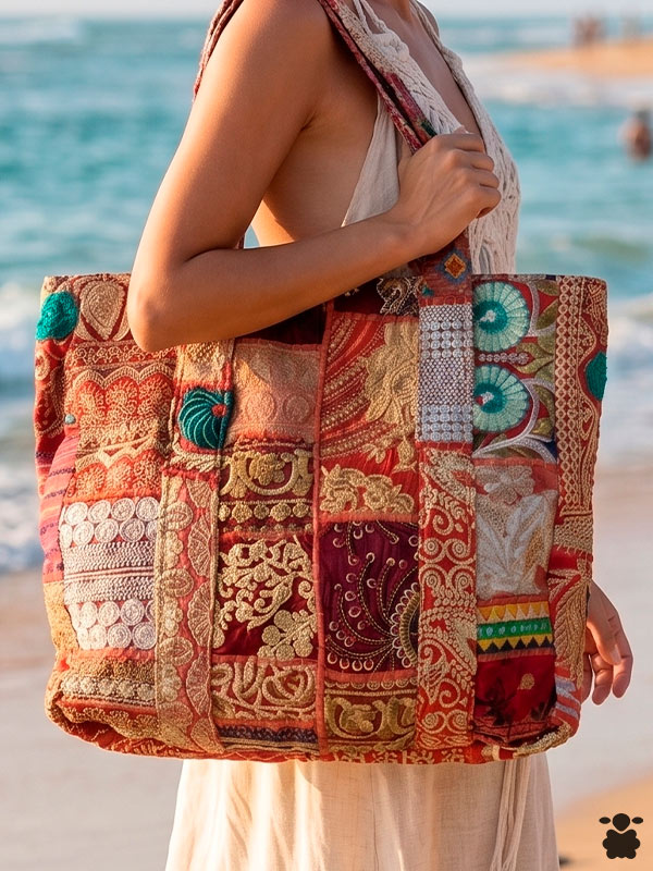 Bolso hippie rojo retales bordados